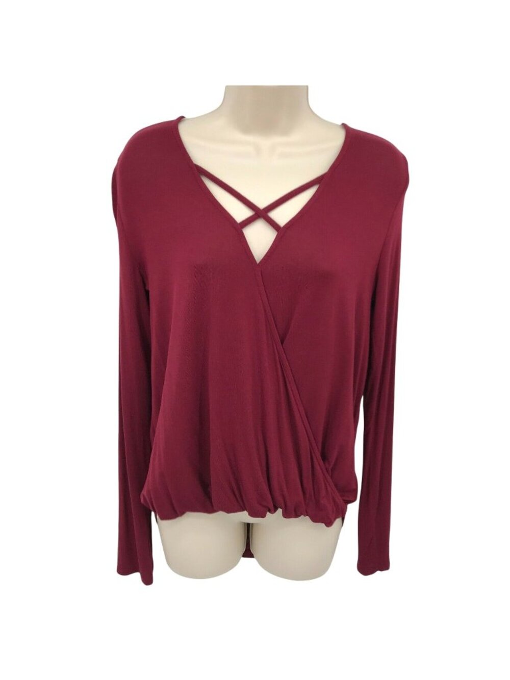 Mossimo Womens Crisscross V-Neck Long Sleeve Wrap Top Small Burgundy Rayon Blend